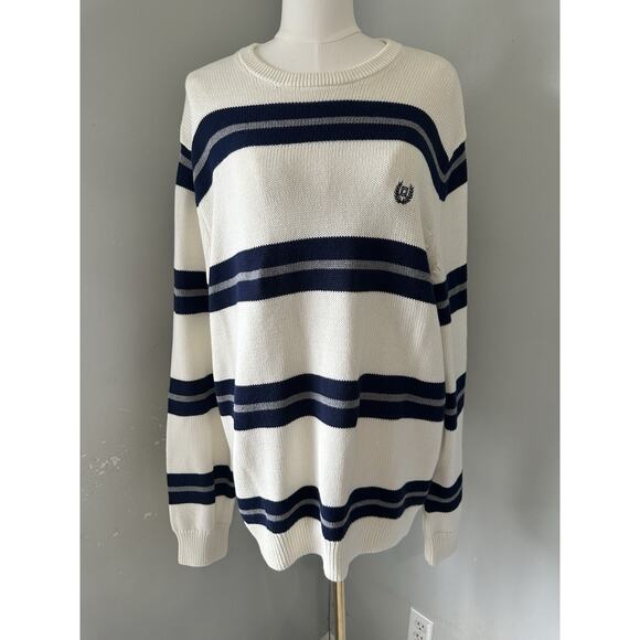 Chaps Ralph Lauren Unisex Crewneck Cotton Striped Blue Cream Sweater Size Large - Picture 2 of 8